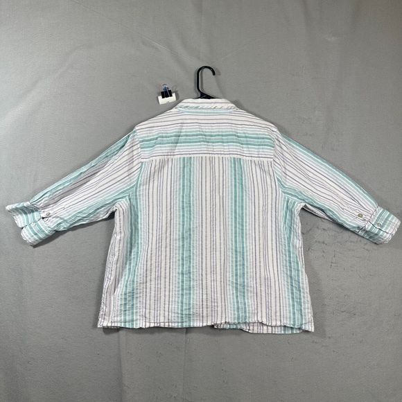 CJ Banks Womens Button Up Striped Blouse Top 1X Purple Teal 3/4 Sleeve - Picture 2 of 11
